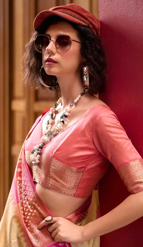 Cream Banarasi Silk Weaving Work Party Wear Saree - 11856203610