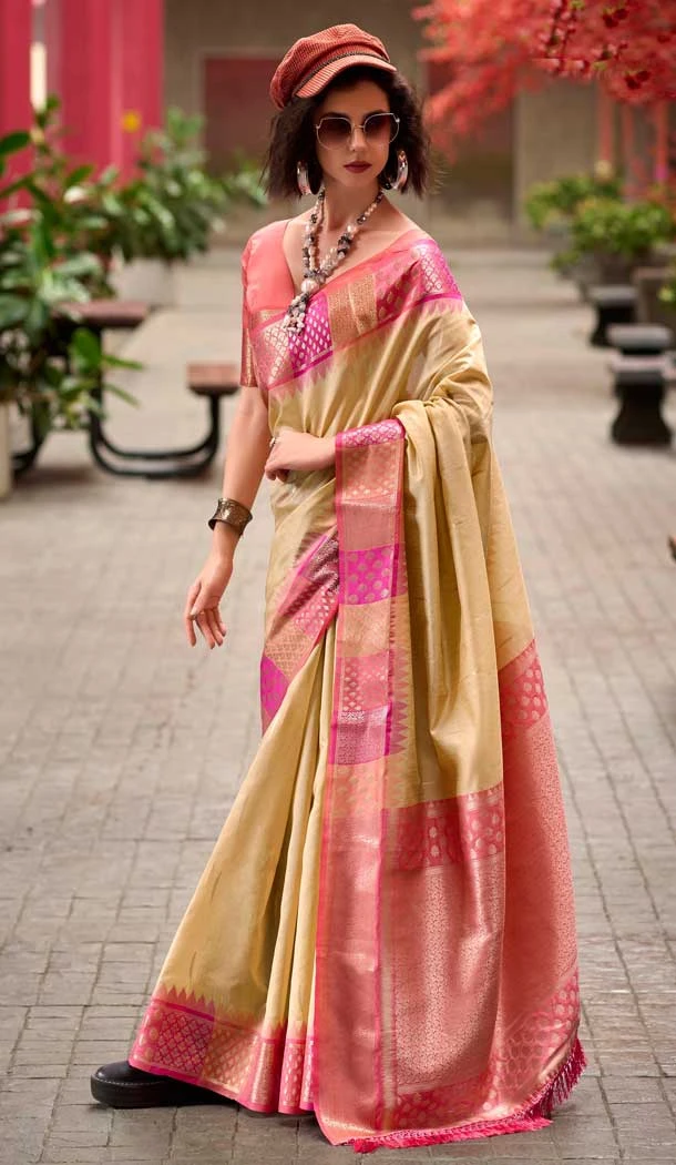 Cream Banarasi Silk Weaving Work Party Wear Saree - 11856203610