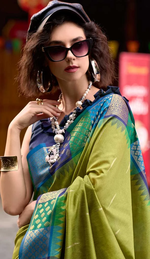 Green Banarasi Silk Weaving Work Party Wear Saree - 11856203611