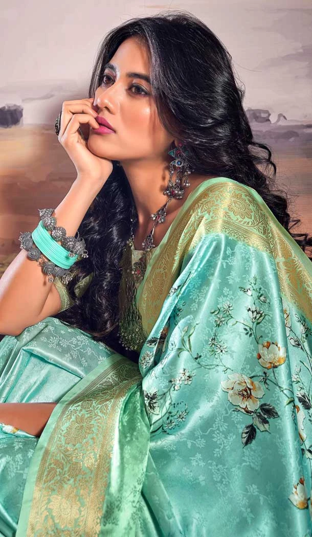 Satin Weaving Work Party Wear Saree In Sky Blue - 11863203654