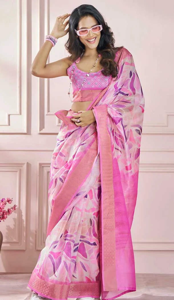 Pink Modal Silk Printed Party Wear Designer Saree - 11865203666