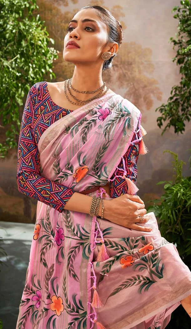 Linen Tissue Printed Party Wear Designer Saree In Pink - 11868203685