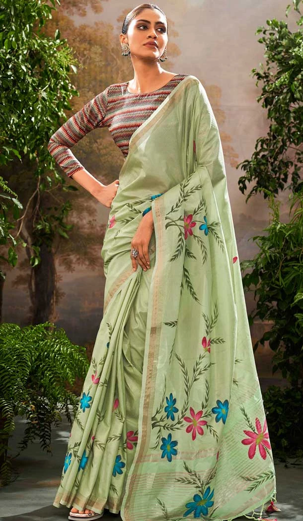 Linen Tissue Printed Party Wear Designer Saree In Pista Green - 11868203688