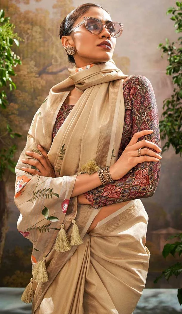 Linen Tissue Printed Party Wear Designer Saree In Cream - 11868203689