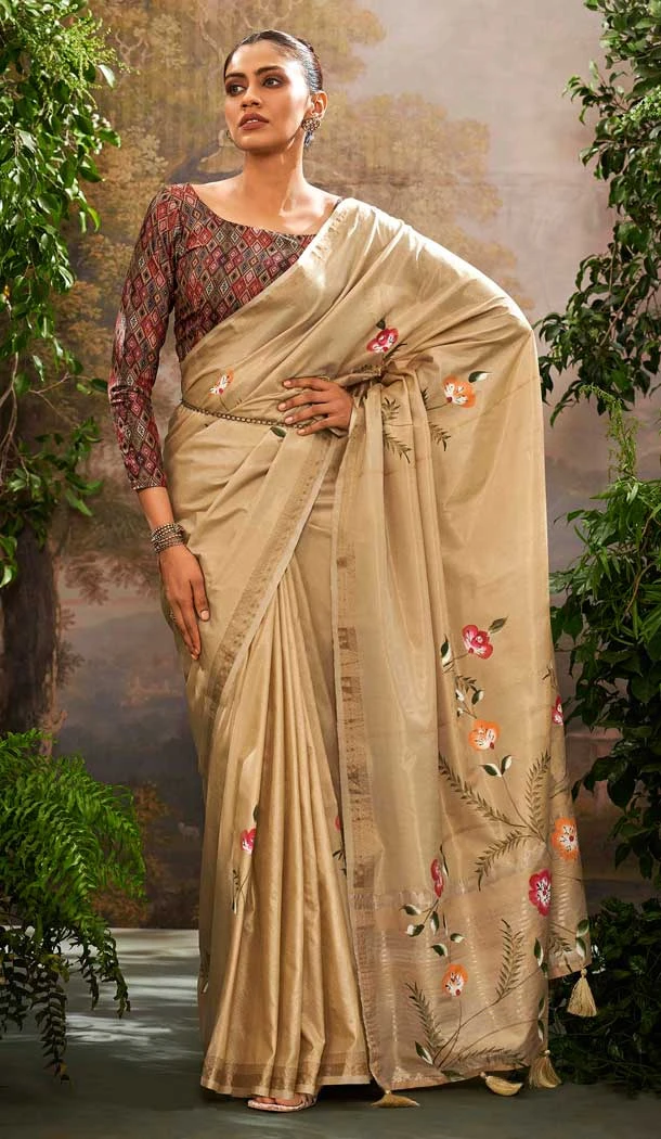 Linen Tissue Printed Party Wear Designer Saree In Cream - 11868203689