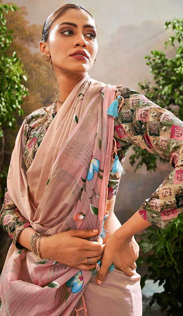 Linen Tissue Printed Party Wear Designer Saree In Peach - 11868203690