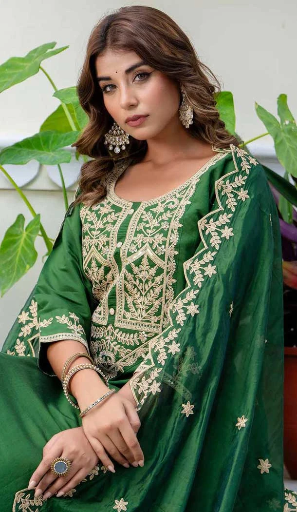 Silk Blend Embroidered Pakistani Salwar Kameez In Green - 11880203749