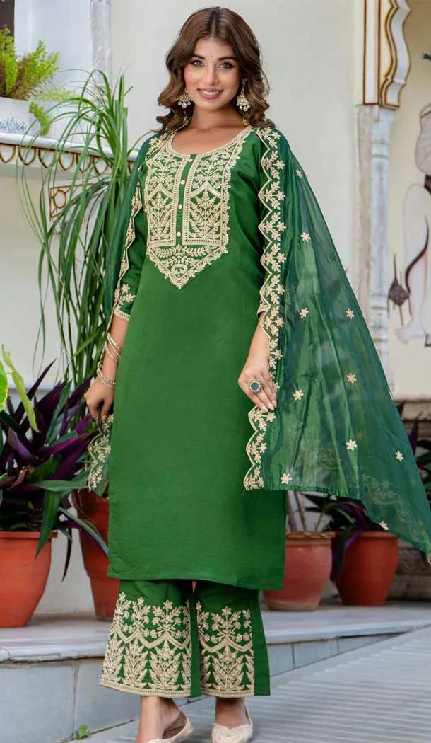 Silk Blend Embroidered Pakistani Salwar Kameez In Green - 11880203749