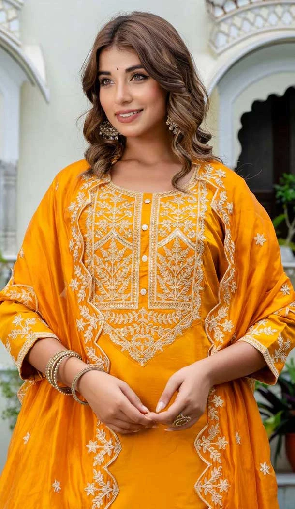Silk Blend Embroidered Pakistani Salwar Kameez In Mustard - 11880203750