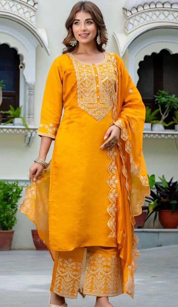 Silk Blend Embroidered Pakistani Salwar Kameez In Mustard - 11880203750