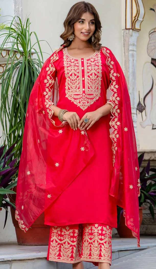 Silk Blend Embroidered Pakistani Salwar Kameez In Pink - 11880203751