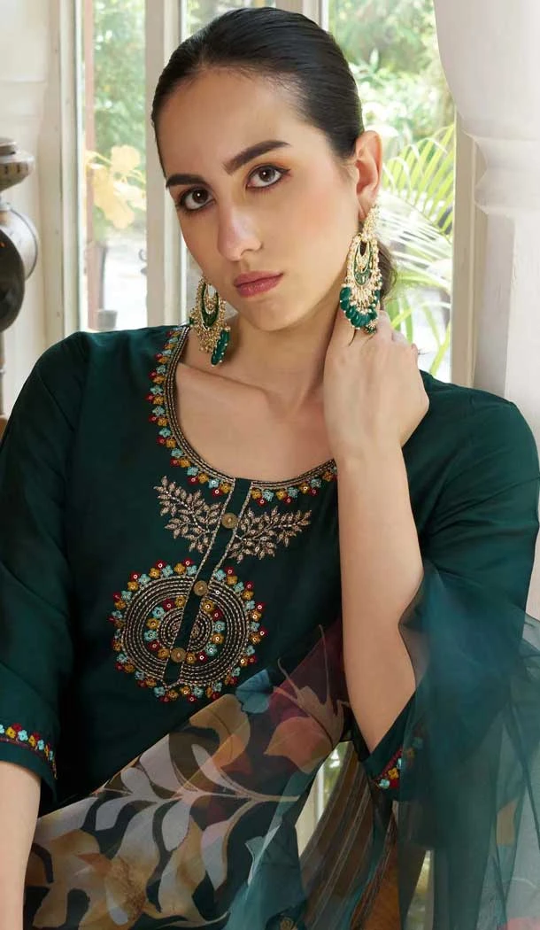Green Cotton Silk Embroidered Party Wear Salwar Suit - 11881203752