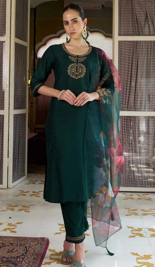 Green Cotton Silk Embroidered Party Wear Salwar Suit - 11881203752