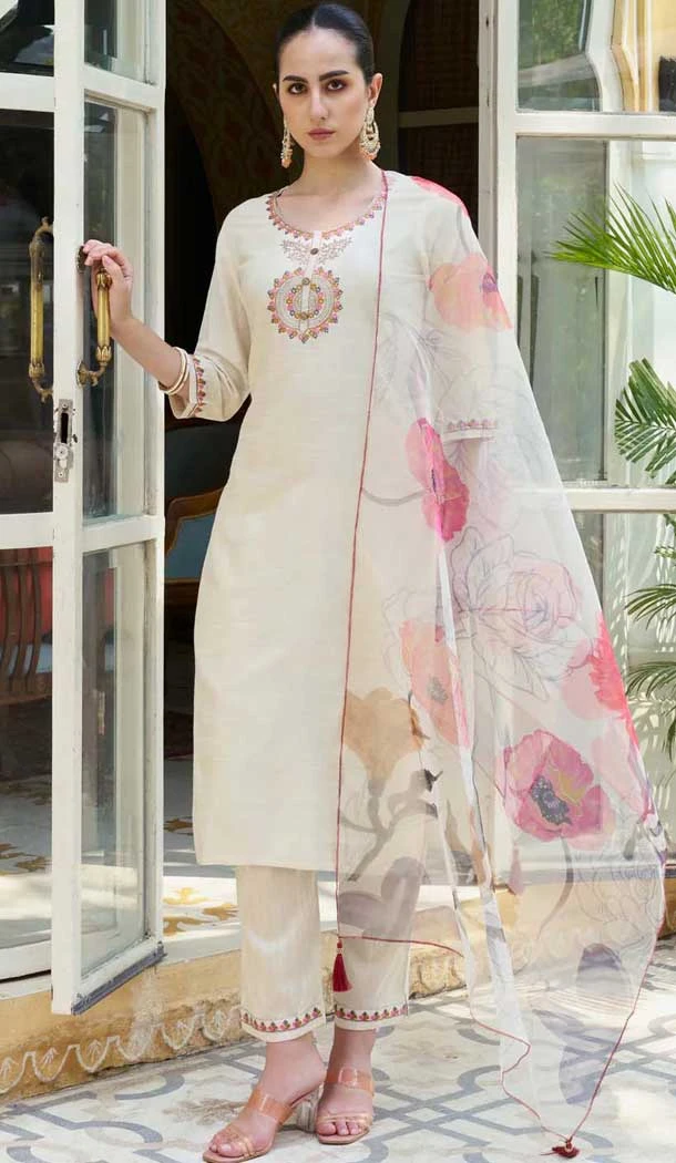 Off White Cotton Silk Embroidered Party Wear Salwar Suit - 11881203755