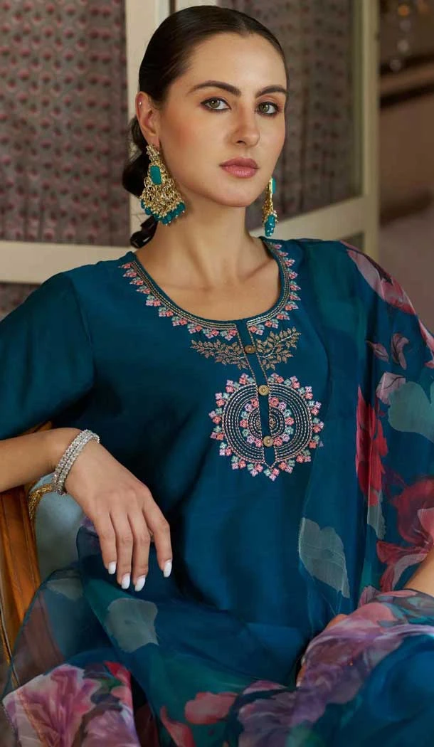 Teal Blue Cotton Silk Embroidered Party Wear Salwar Suit - 11881203756