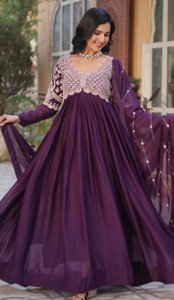 Wine Star Georgette Embroidered Work Party Wear Gown With Dupatta - 11884203764