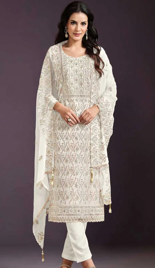 White Chinon Embroidery Work Casual Wear Salwar Kameez - 11885203766
