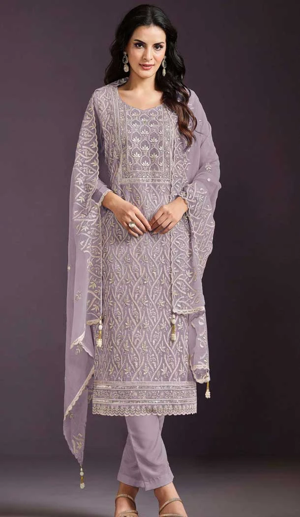 Lavender Chinon Embroidery Work Casual Wear Salwar Kameez - 11885203767