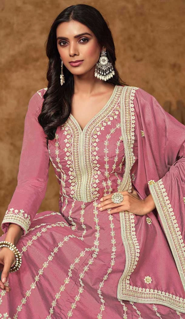 Pink Dola Silk Embroidery Work Wedding Wear Gown - 11828203478