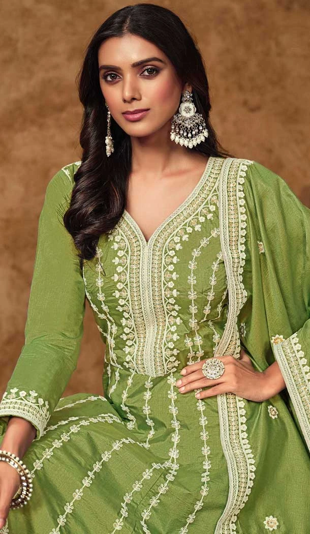 Green Dola Silk Embroidery Work Wedding Wear Gown - 11828203479
