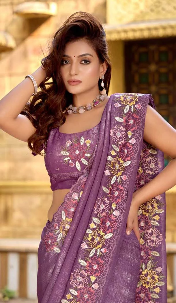 Chiffon Resham Work Party Wear Saree In Lavender - 11834203506