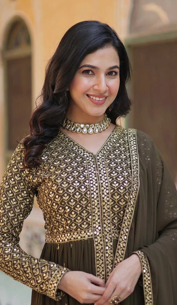 Georgette Embroidered Party Wear Anarkali Suit In Olive Green - 11841203535