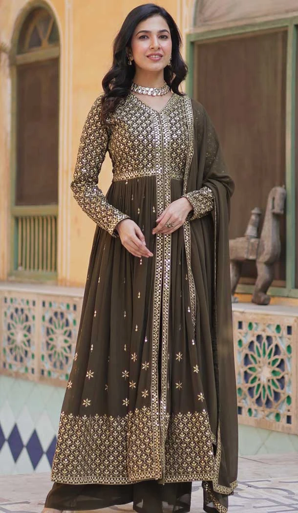 Georgette Embroidered Party Wear Anarkali Suit In Olive Green - 11841203535