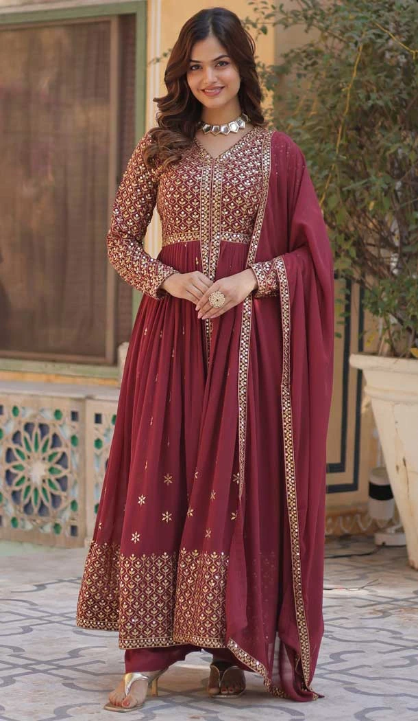 Georgette Embroidered Party Wear Anarkali Suit In Mauve - 11841203536