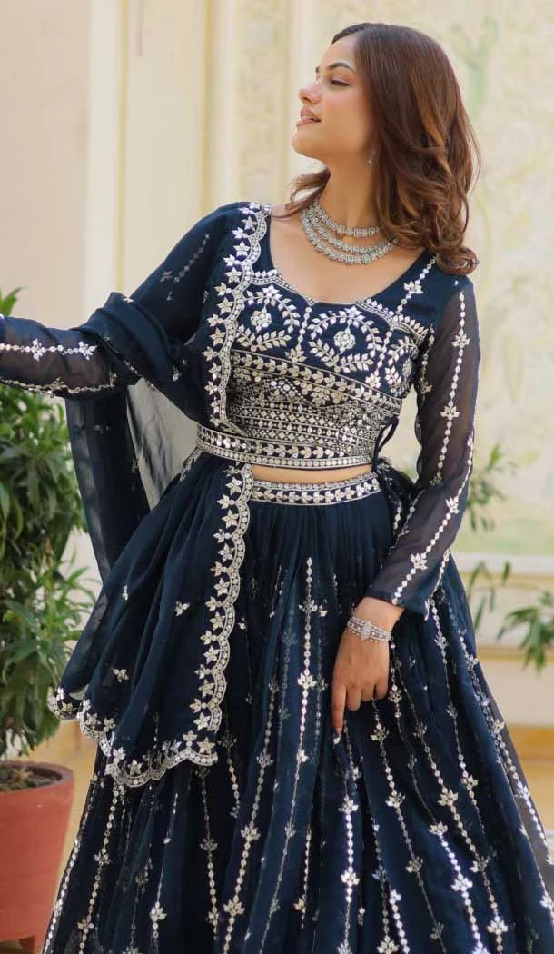 Teal Blue Fox Georgette Sequence Work Designer Lehenga Choli - 11845203546