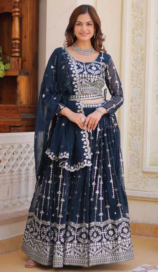 Teal Blue Fox Georgette Sequence Work Designer Lehenga Choli - 11845203546