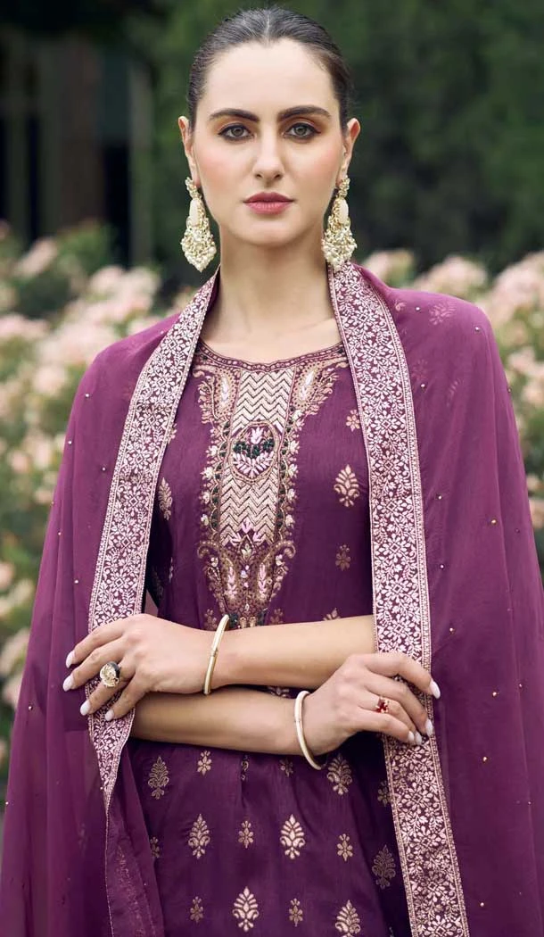 Viscose Rayon Embroidered Party Wear Salwar Suit In Purple - 11847203557