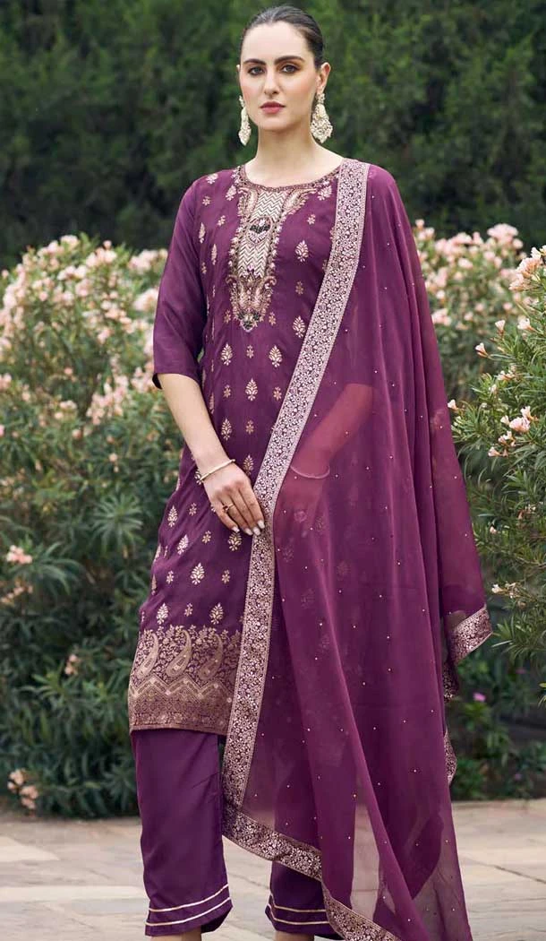 Viscose Rayon Embroidered Party Wear Salwar Suit In Purple - 11847203557