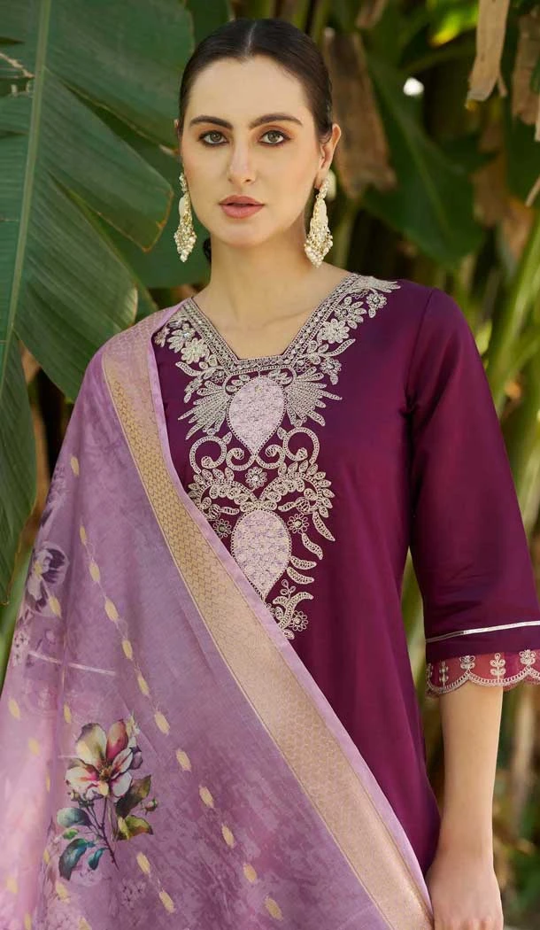 Viscose Rayon Embroidered Party Wear Salwar Suit In Wine - 11847203558