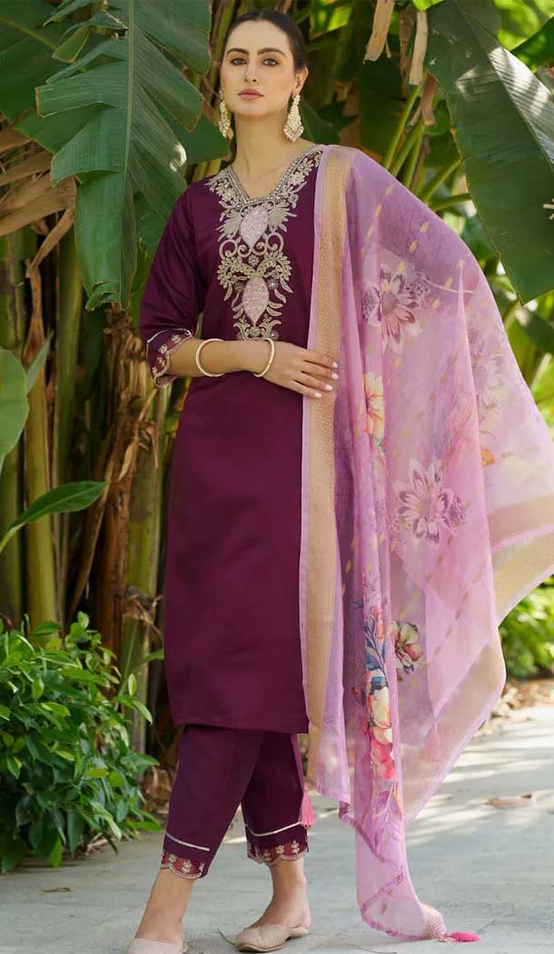 Viscose Rayon Embroidered Party Wear Salwar Suit In Wine - 11847203558