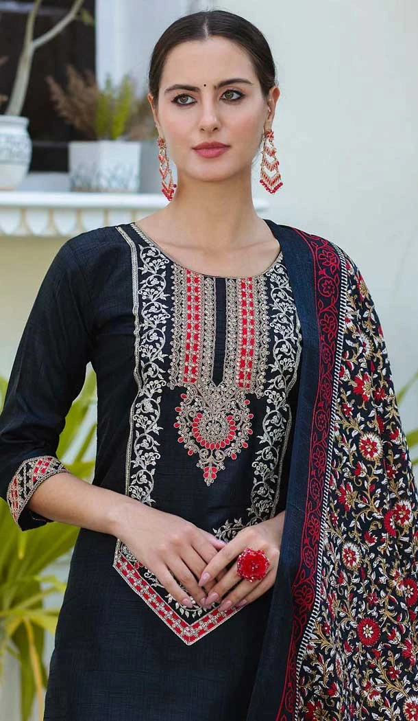 Silk Blend Embroidered Party Wear Salwar Suit In Black - 11847203559