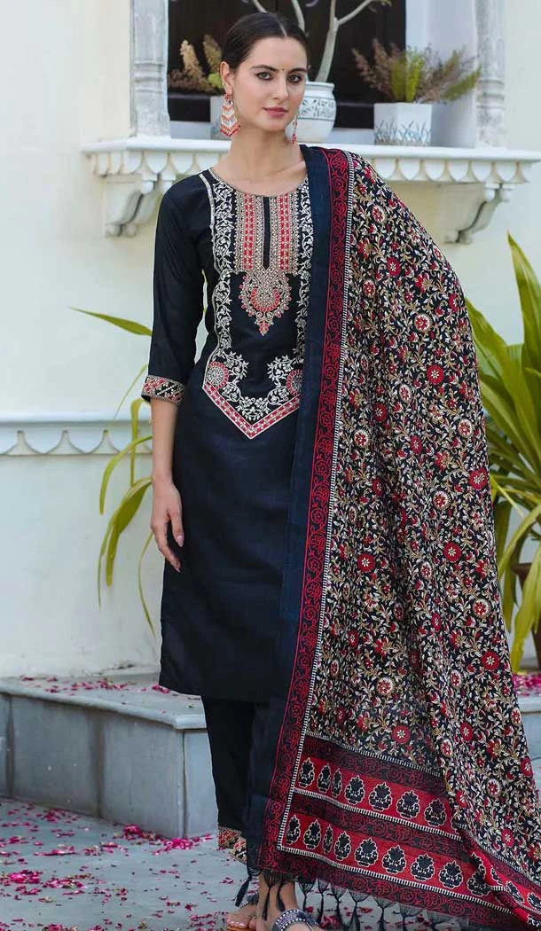 Silk Blend Embroidered Party Wear Salwar Suit In Black - 11847203559