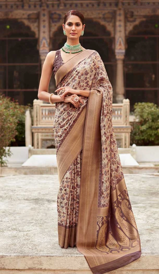 Brown Crepe Silk Digital Print Work Party Wear Saree - 11850203571