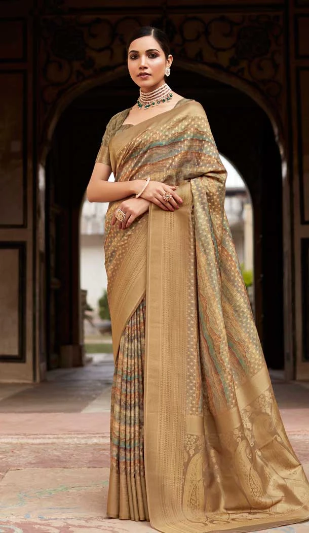 Yellow Crepe Silk Digital Print Work Party Wear Saree - 11850203572
