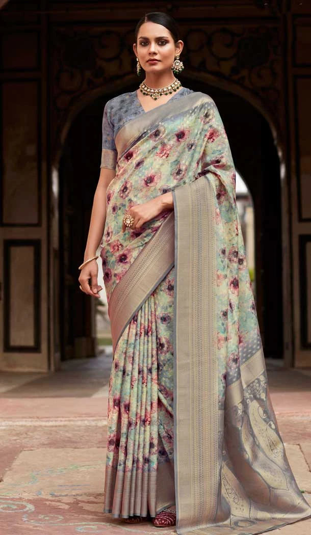 Grey Crepe Silk Digital Print Work Party Wear Saree - 11850203573