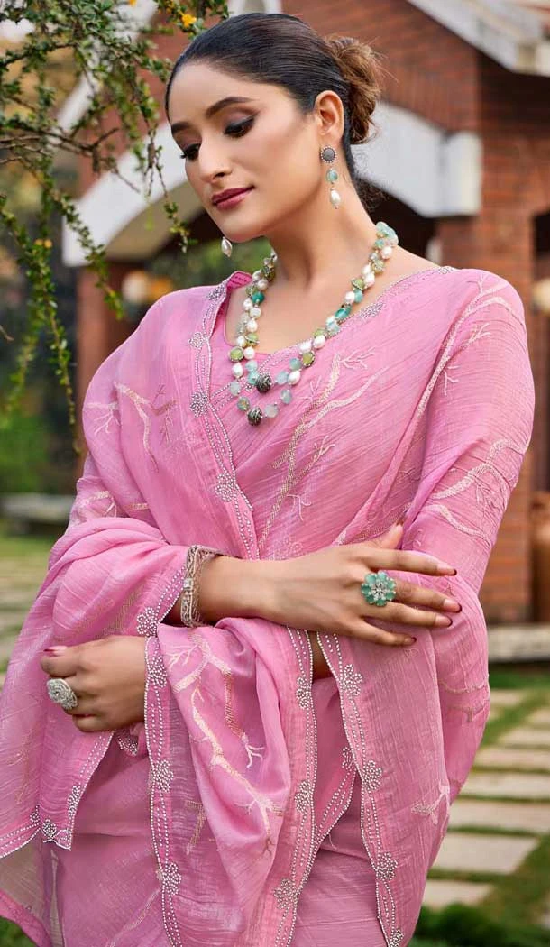 Pink Silk Sequins Work Party Wear Saree - 11833203499