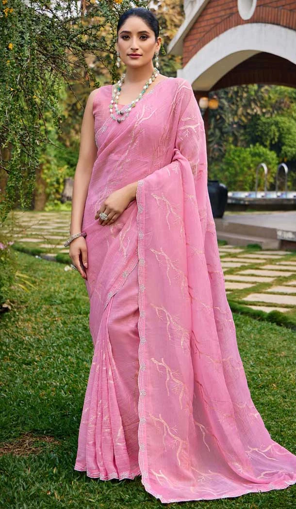 Pink Silk Sequins Work Party Wear Saree - 11833203499
