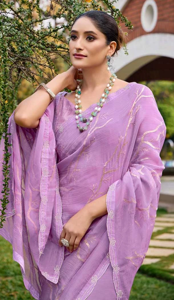 Lavender Silk Sequins Work Party Wear Saree - 11833203500