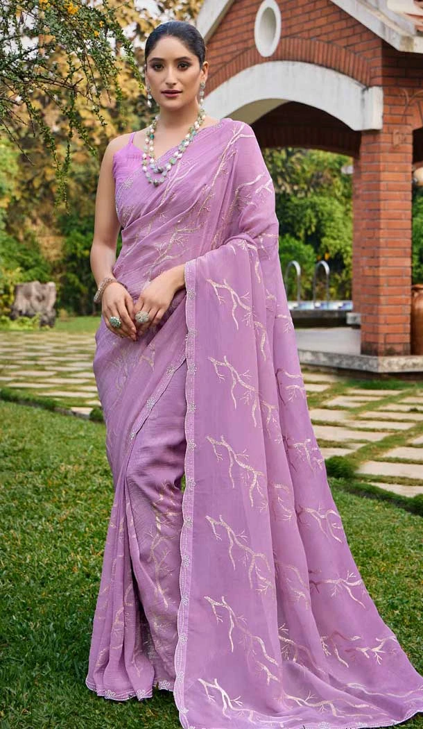 Lavender Silk Sequins Work Party Wear Saree - 11833203500