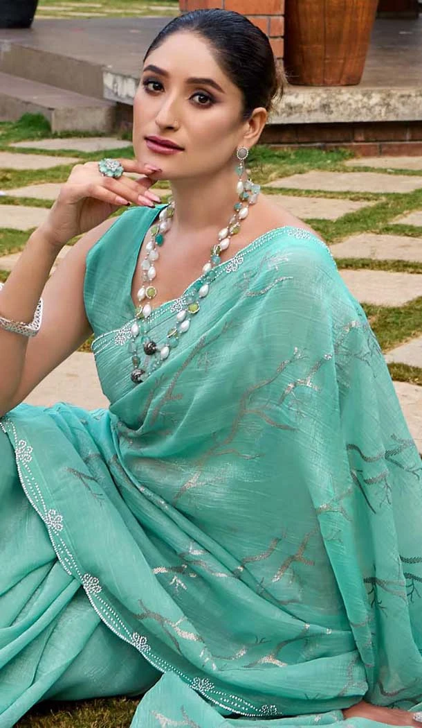 Mint Green Silk Sequins Work Party Wear Saree - 11833203501