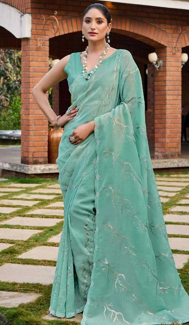 Mint Green Silk Sequins Work Party Wear Saree - 11833203501