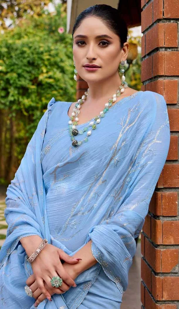Sky Blue Silk Sequins Work Party Wear Saree - 11833203502