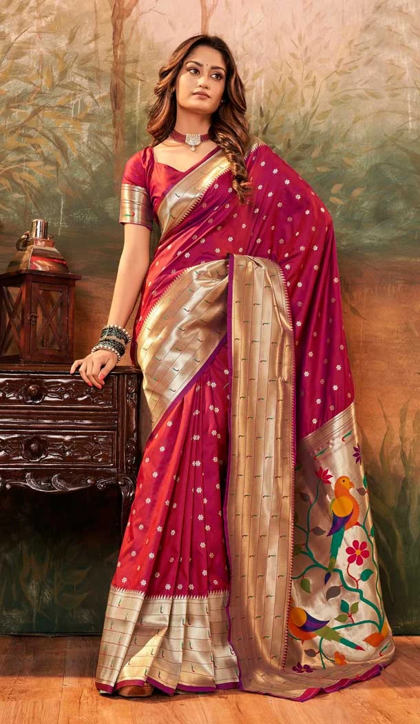 Maroon Silk Paithani Work Traditional Wear Saree - 11858203619