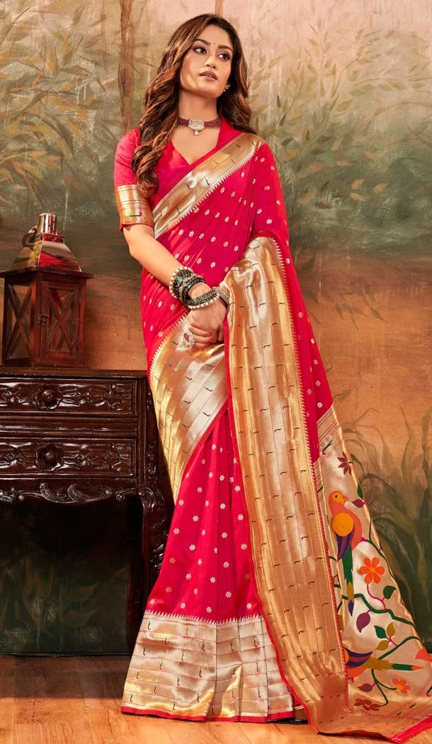 Rani Pink Silk Paithani Work Traditional Wear Saree - 11858203621