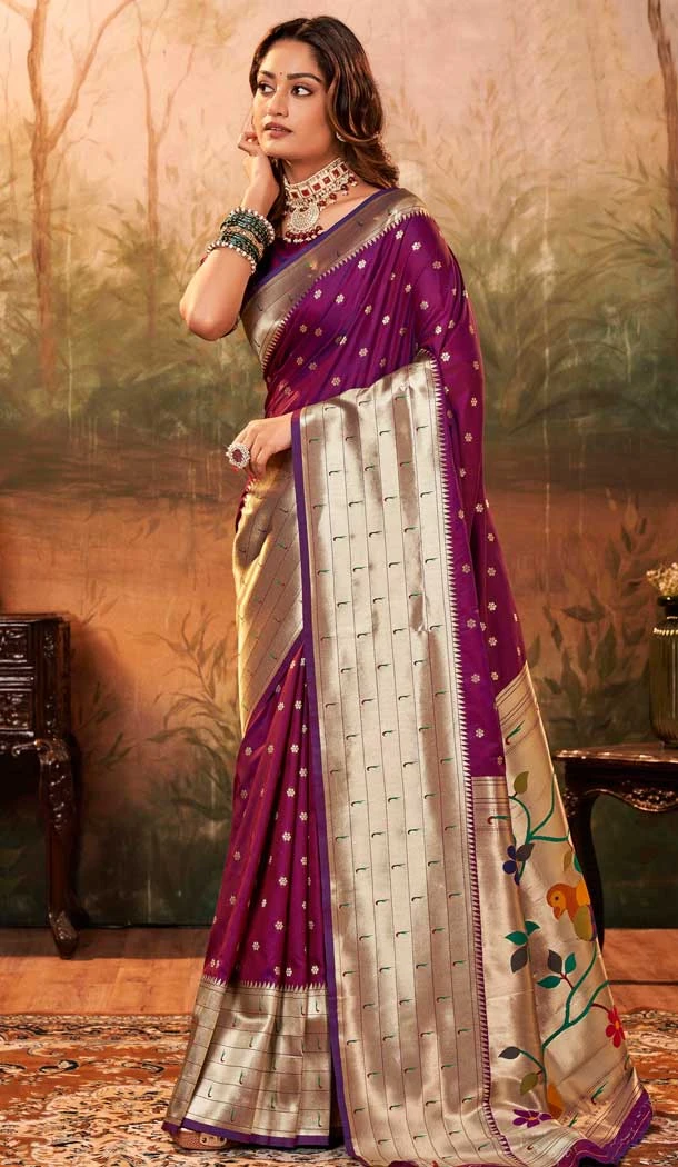 Wine Silk Paithani Work Traditional Wear Saree - 11858203623
