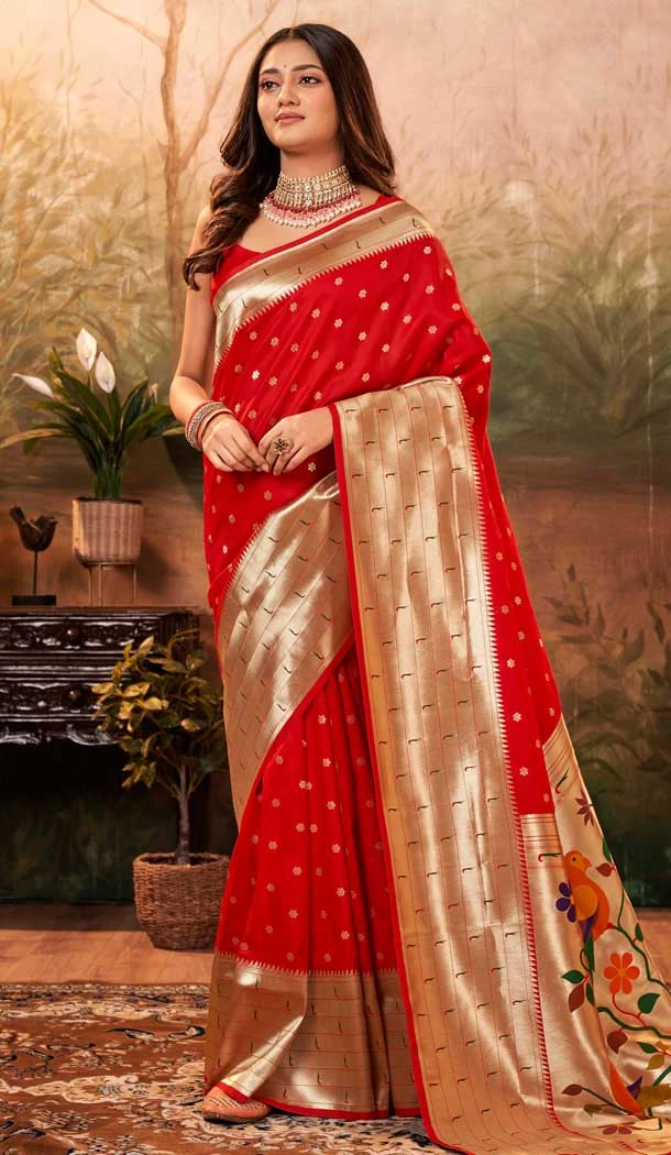 Red Silk Paithani Work Traditional Wear Saree - 11858203624